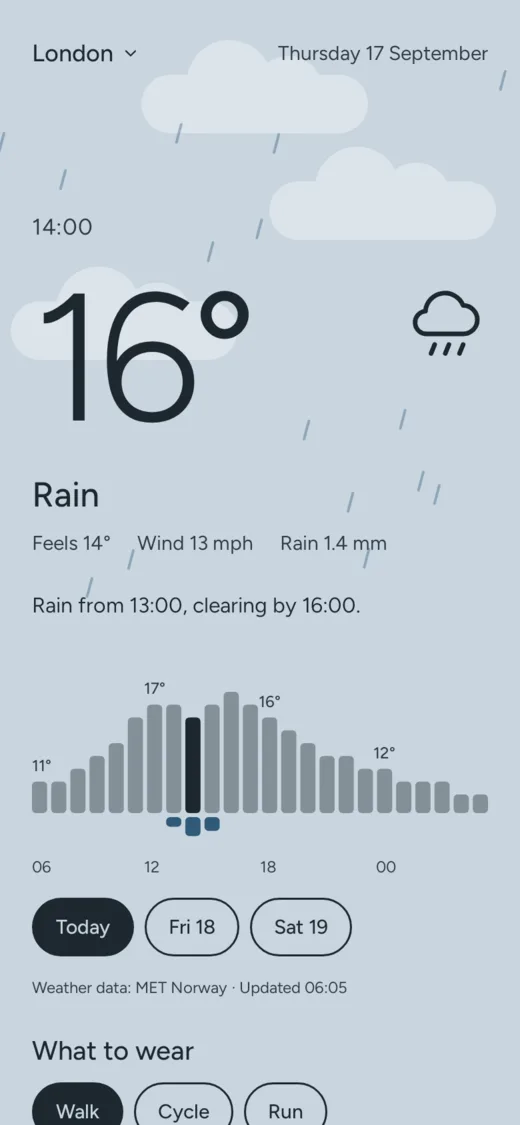 Always Weather on an Android phone in Sky: London at 14:00, 16 degrees and rain, with the hourly bars and the rain under them.