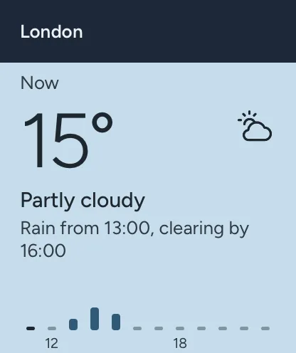 Always Weather on an Apple Watch: London now, 15 degrees and partly cloudy, “Rain from 13:00, clearing by 16:00.”, and the next twelve hours' bars with the rain under them.