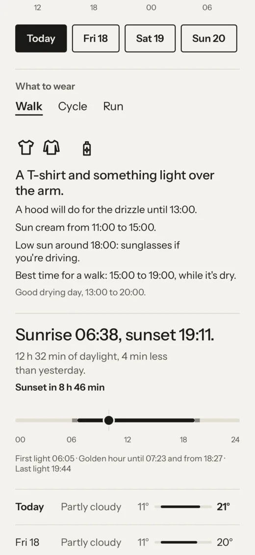Always Weather on an iPhone in Paper: the row of days, then What to wear for a walk with pictures of a T-shirt, a light layer and sun cream, and sunrise and sunset.