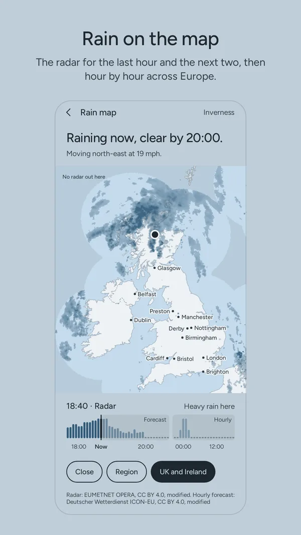 Rain on the map: the radar over the UK and Ireland at 18:40 around Inverness, “Raining now, clear by 20:00. Moving north-east at 19 mph.”, with the radar and forecast hours in a strip under the map.